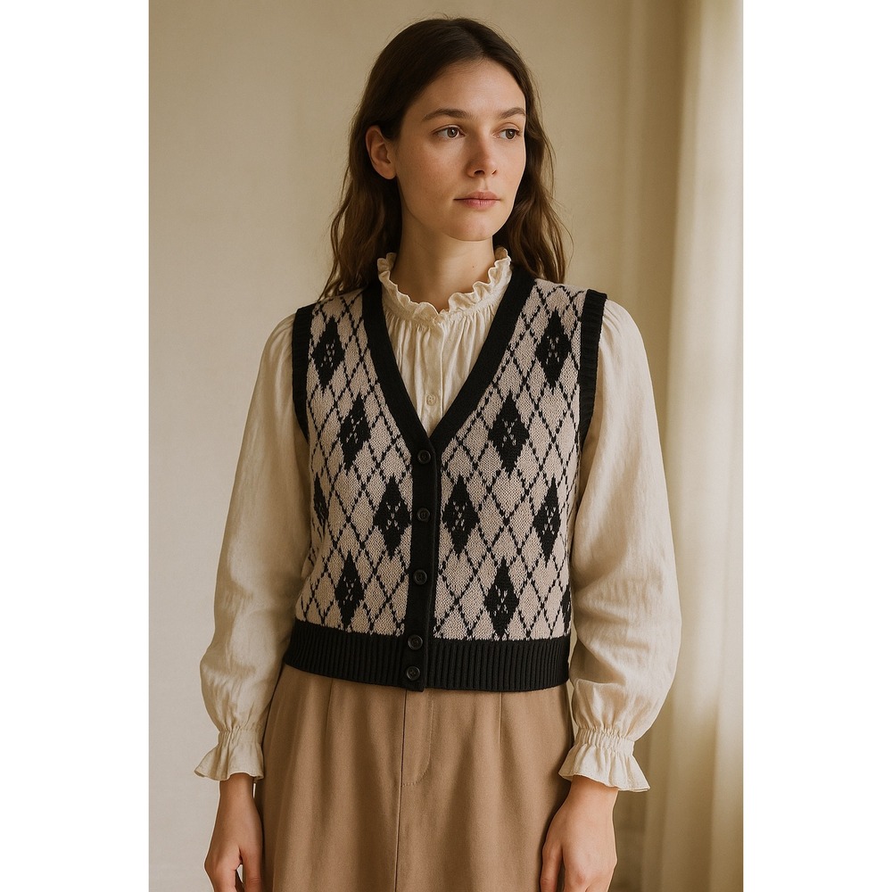 Cottagecore Argyle Knit Sweater Vest Soft Preppy Academia‎ Layering Piece M